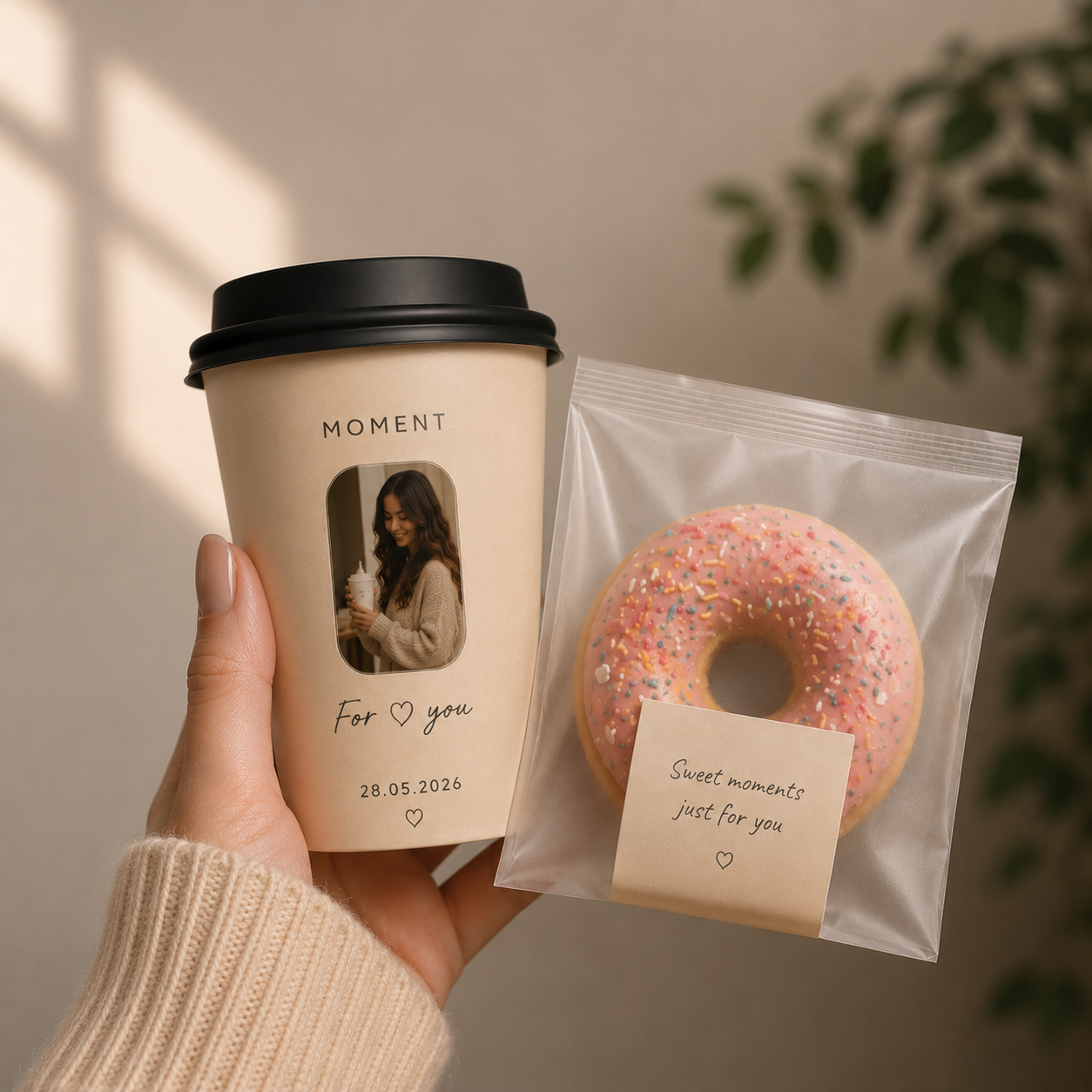MOMENT coffee and sweet gift in hand.