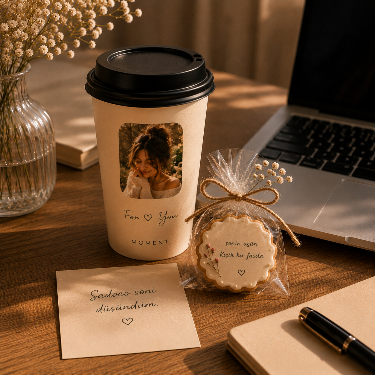MOMENT coffee, note, and wrapped cookie on a warm desk.